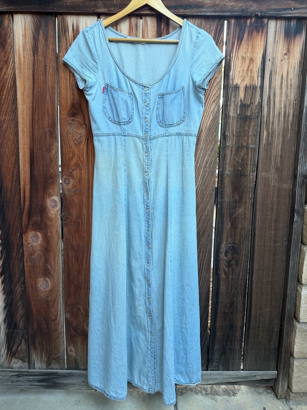 Rampage blue denim maxi dress with pockets and button-up front (size: S/M)